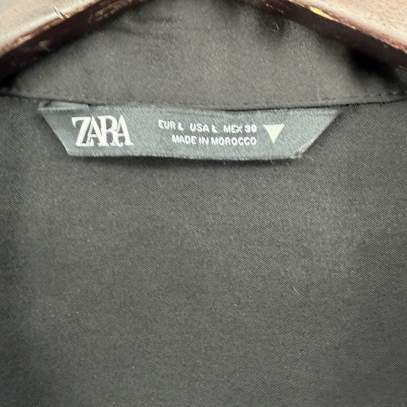 Zara Womens Black Satin Cropped Tie Front Long Sleeve Collared Blouse Size L - Picture 2 of 6